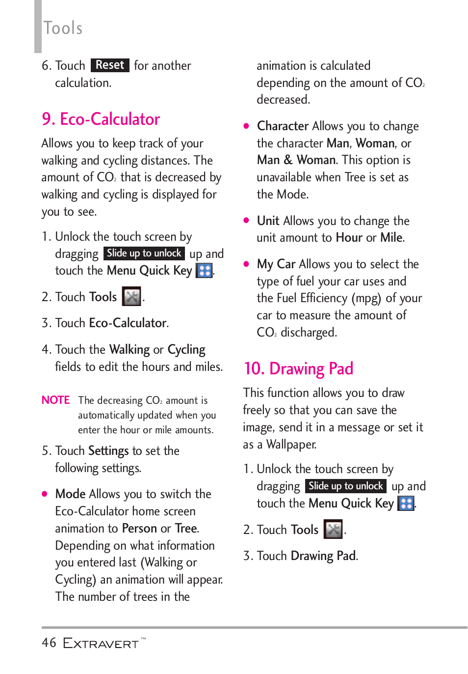 Eco-calculator, Drawing pad, Eco-calculator 10. drawing pad | Tools | LG VN271 User Manual | Page 48 / 270