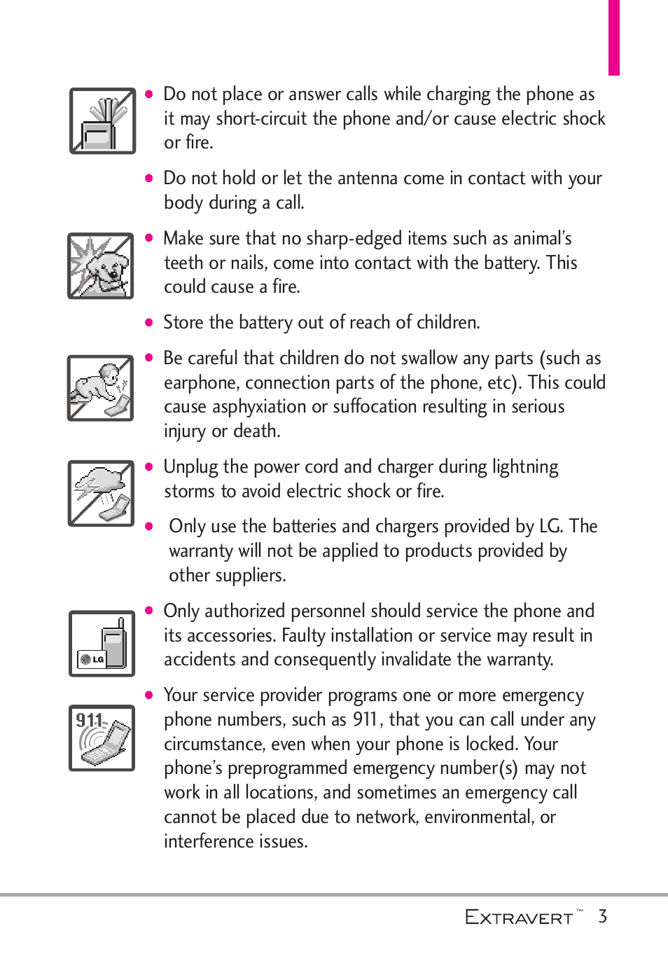 Store the battery out of reach of children | LG VN271 User Manual | Page 5 / 270