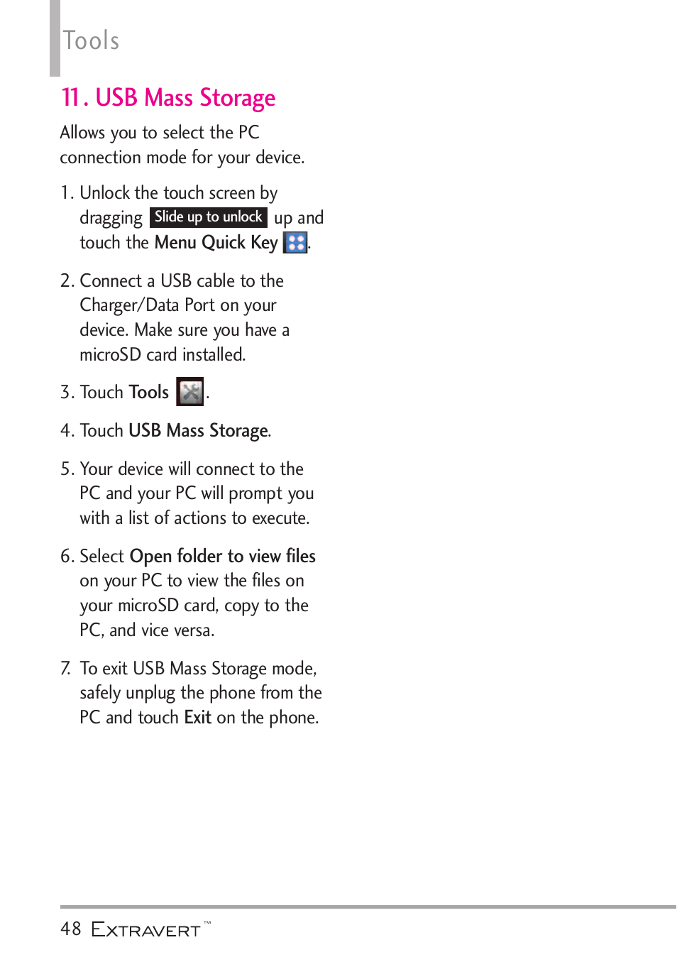 Usb mass storage, Tools | LG VN271 User Manual | Page 50 / 270