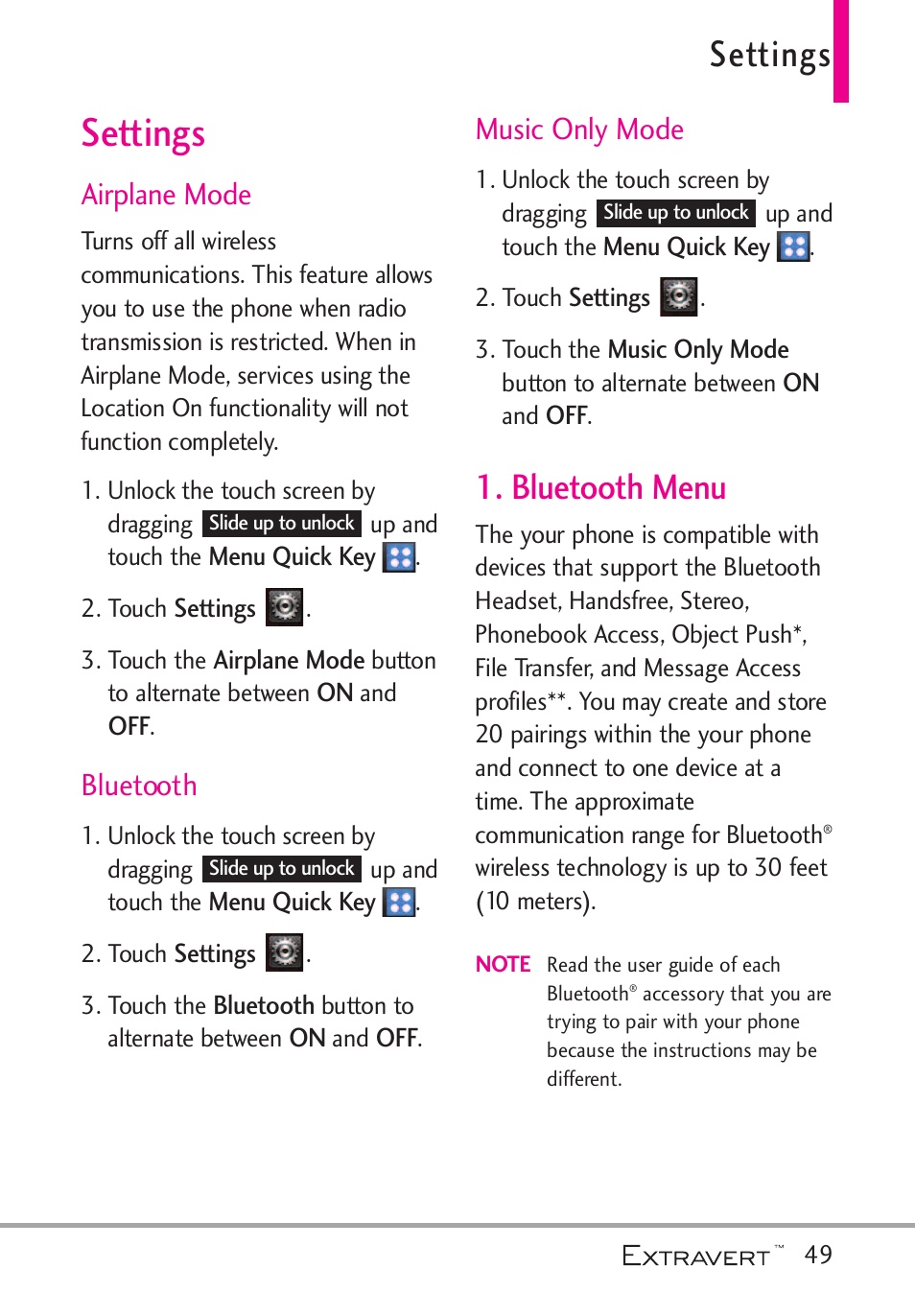 Settings, Bluetooth menu, Airplane mode | Bluetooth, Music only mode | LG VN271 User Manual | Page 51 / 270