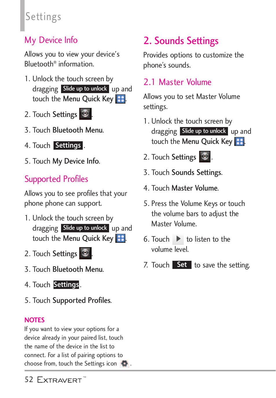 My device info, Supported profiles, Sounds settings | 1 master volume, Settings | LG VN271 User Manual | Page 54 / 270