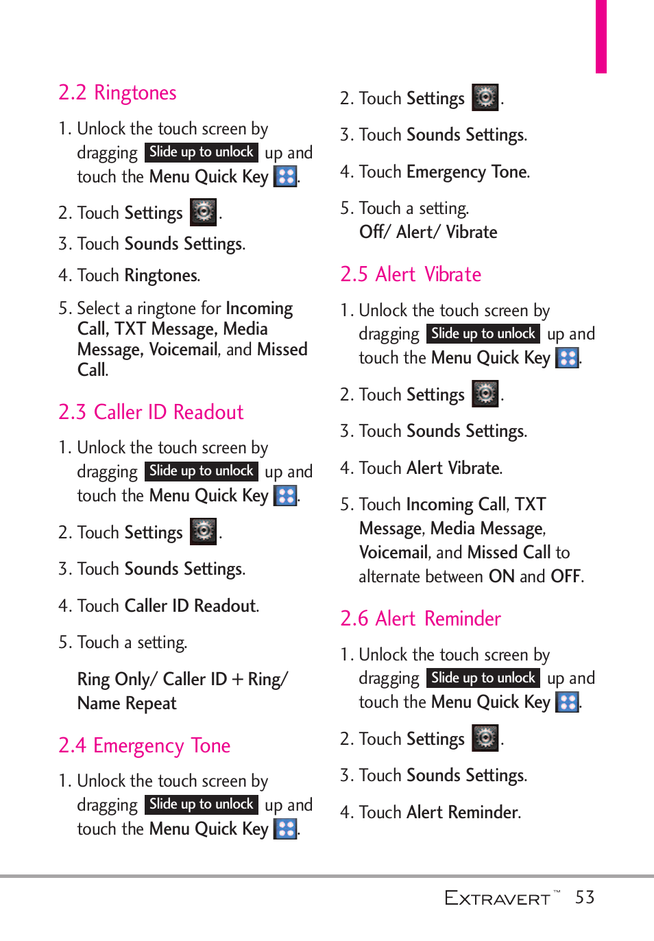 2 ringtones, 3 caller id readout, 4 emergency tone | 5 alert vibrate, 6 alert reminder | LG VN271 User Manual | Page 55 / 270