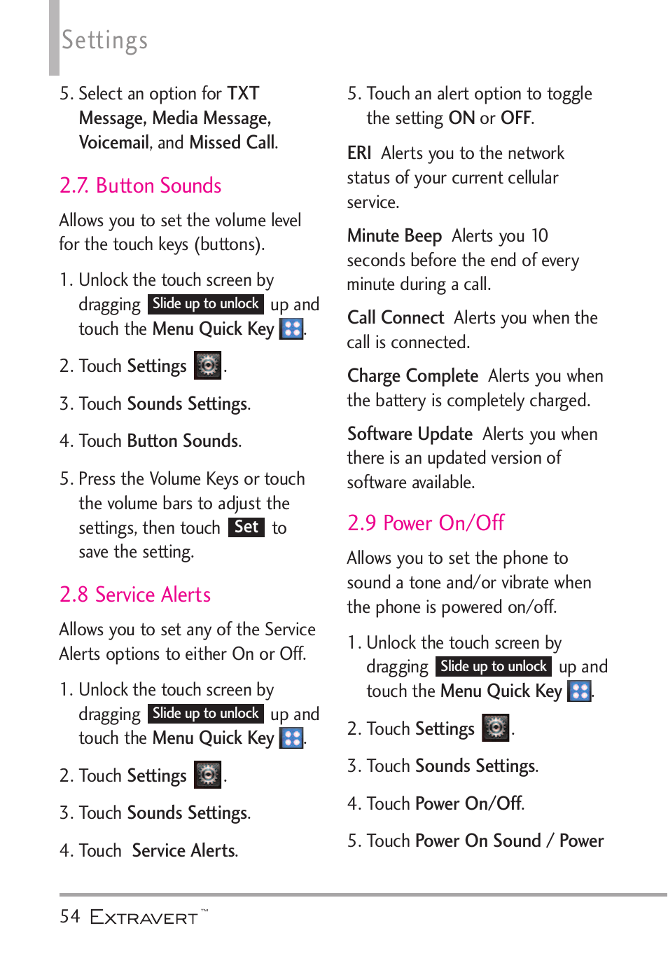 Button sounds, 8 service alerts, 9 power on/off | Settings | LG VN271 User Manual | Page 56 / 270