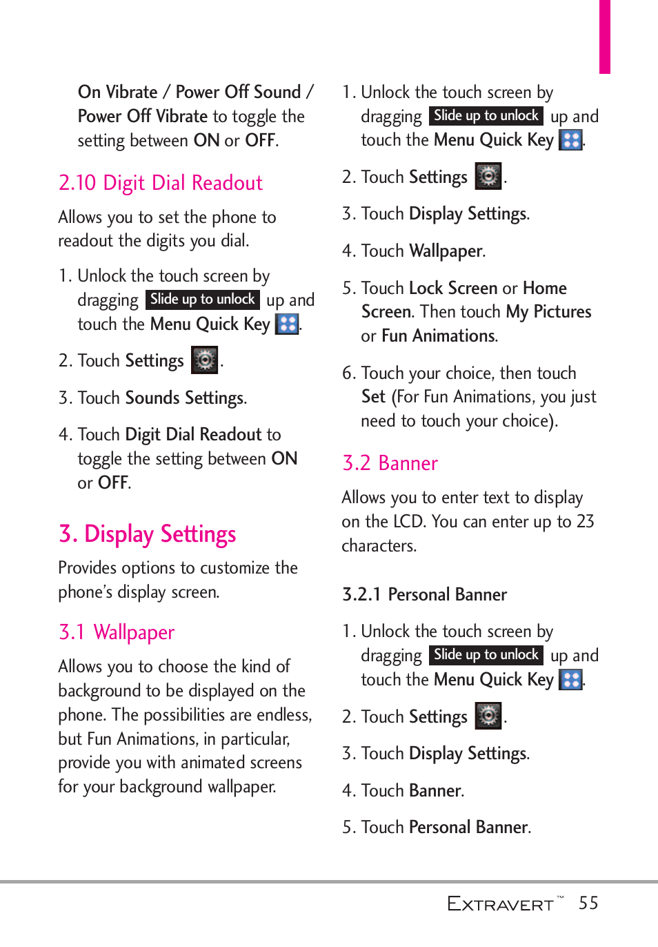 10 digit dial readout, Display settings, 1 wallpaper | 2 banner, 1 personal banner | LG VN271 User Manual | Page 57 / 270