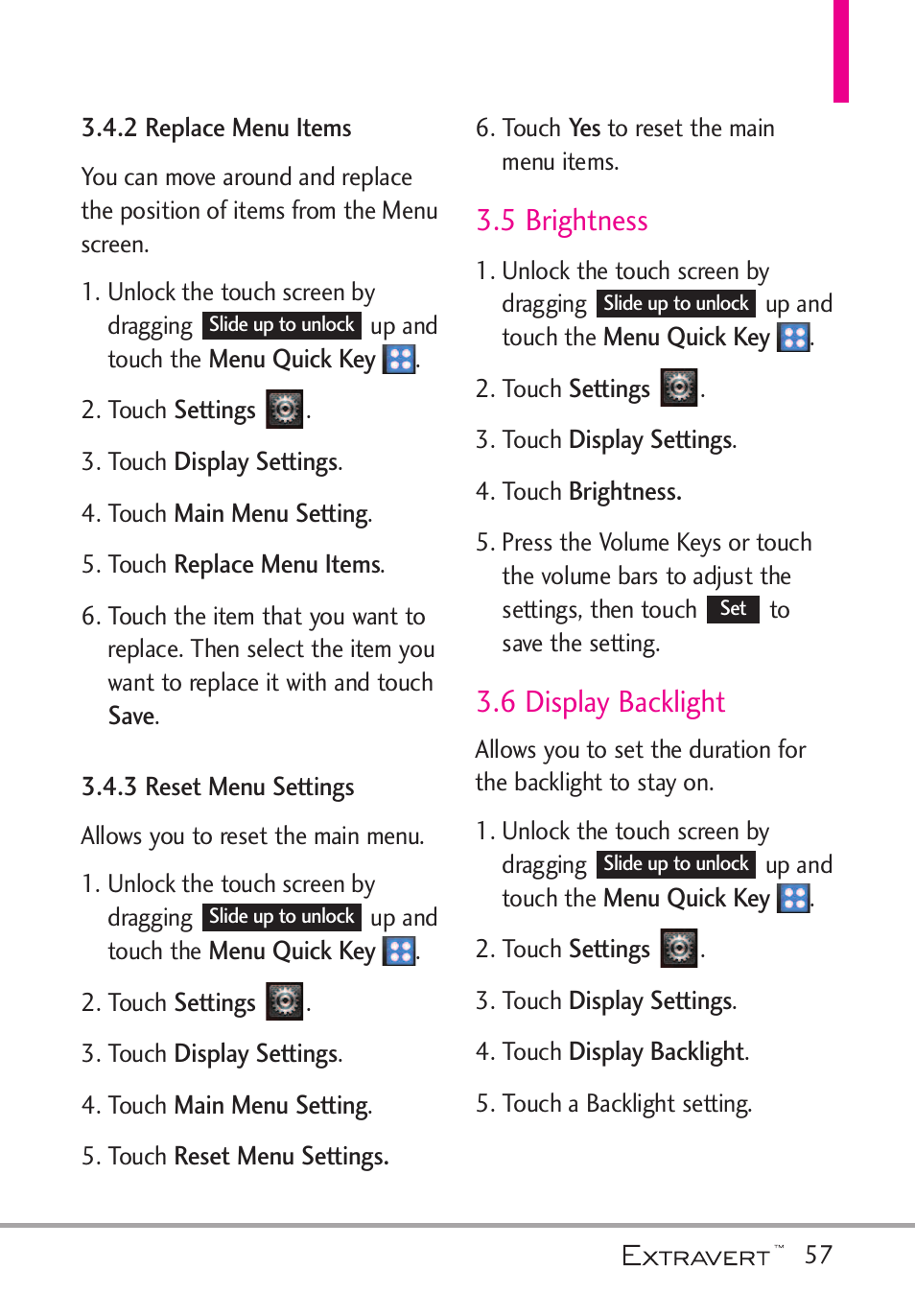 2 replace menu items, 3 reset menu settings, 5 brightness | 6 display backlight, 2 replace menu items 3.4.3 reset menu settings | LG VN271 User Manual | Page 59 / 270