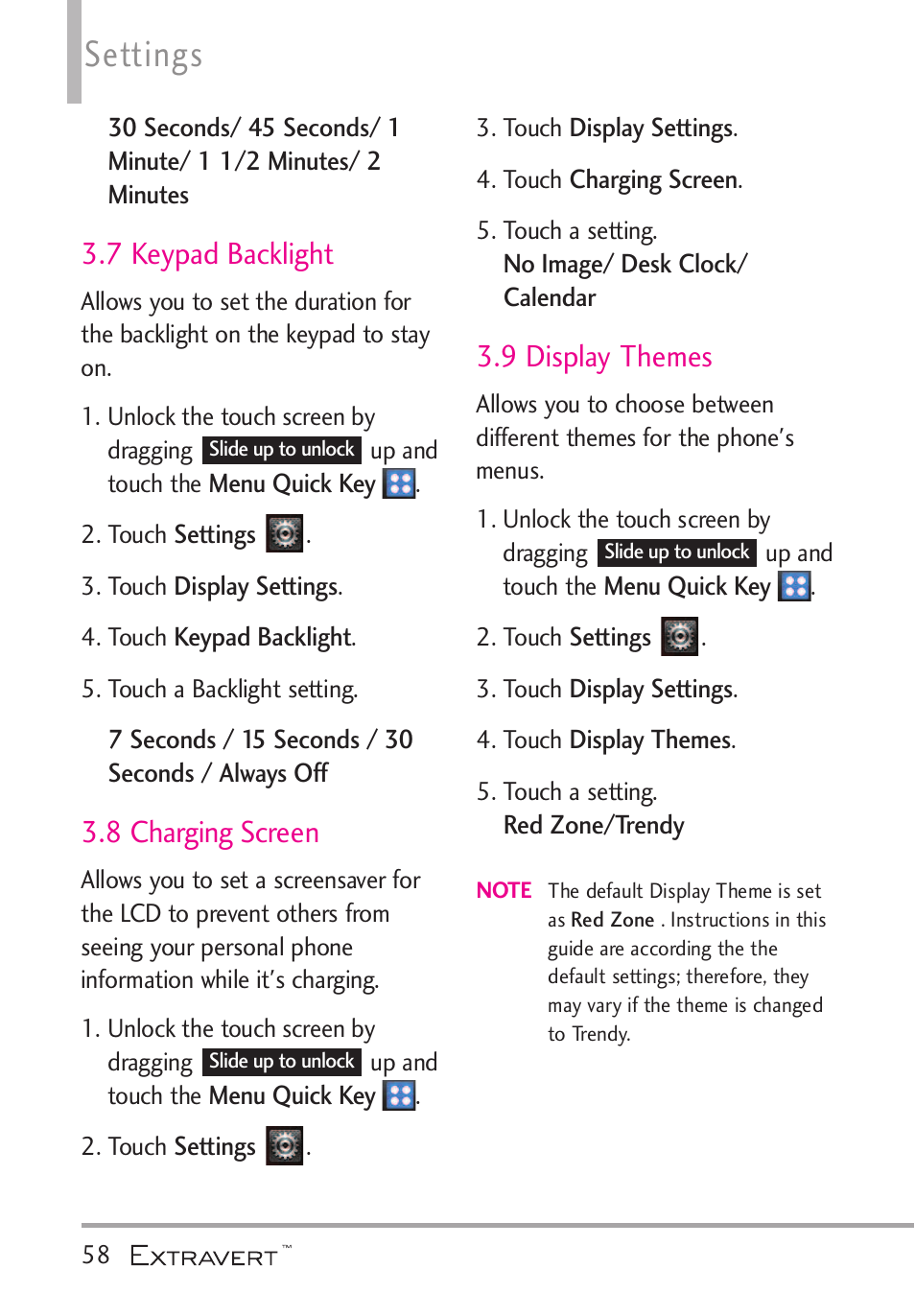 7 keypad backlight, 8 charging screen, 9 display themes | Settings | LG VN271 User Manual | Page 60 / 270