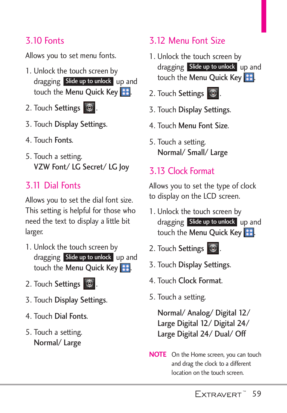 10 fonts, 11 dial fonts, 12 menu font size | 13 clock format | LG VN271 User Manual | Page 61 / 270