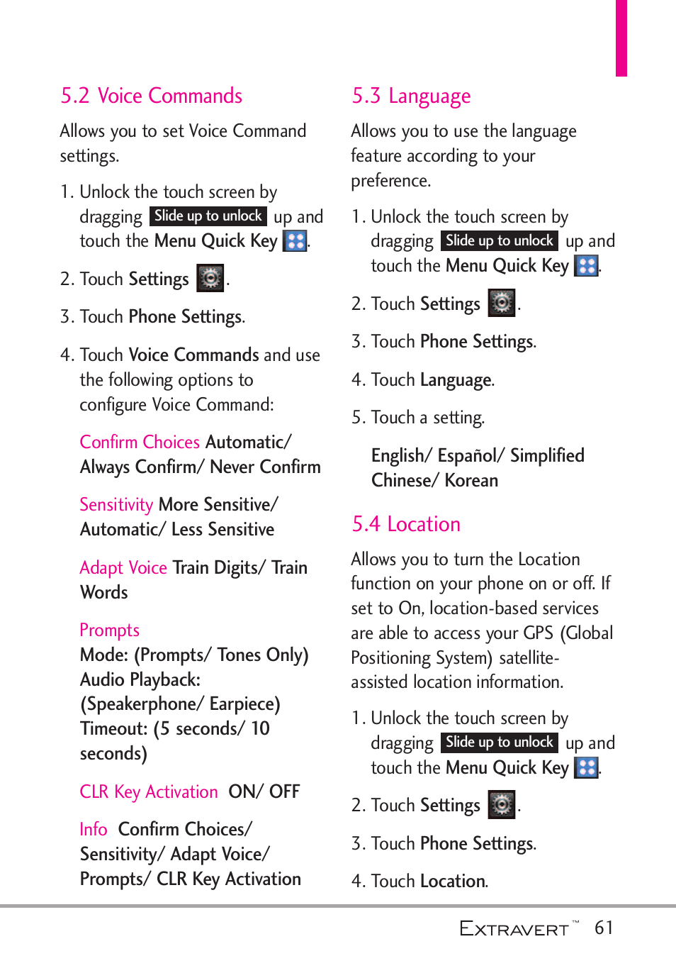 2 voice commands, 3 language, 4 location | LG VN271 User Manual | Page 63 / 270