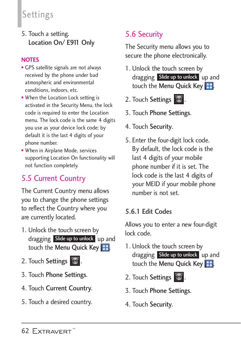 5 current country, 6 security, 1 edit codes | Settings | LG VN271 User Manual | Page 64 / 270