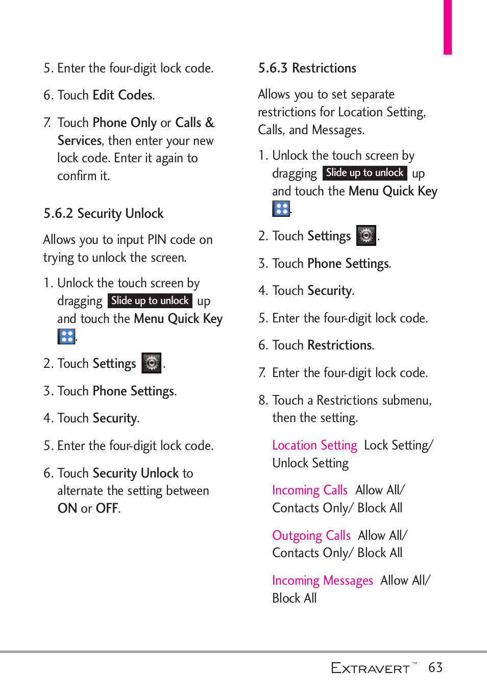 2 security unlock, 3 restrictions, 2 security unlock 5.6.3 restrictions | LG VN271 User Manual | Page 65 / 270