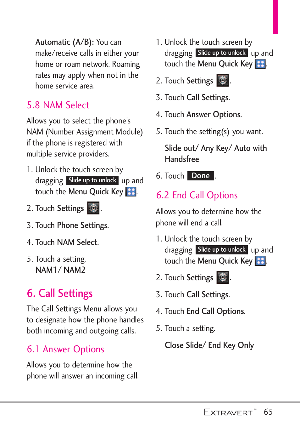 8 nam select, Call settings, 1 answer options | 2 end call options | LG VN271 User Manual | Page 67 / 270