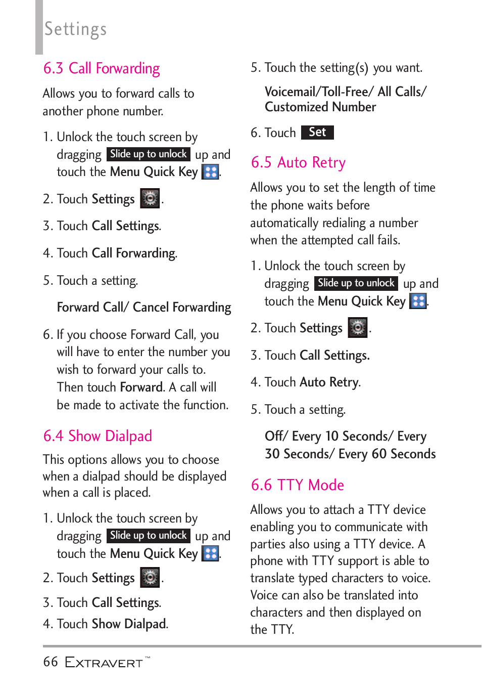 3 call forwarding, 4 show dialpad, 5 auto retry | 6 tty mode, Settings | LG VN271 User Manual | Page 68 / 270