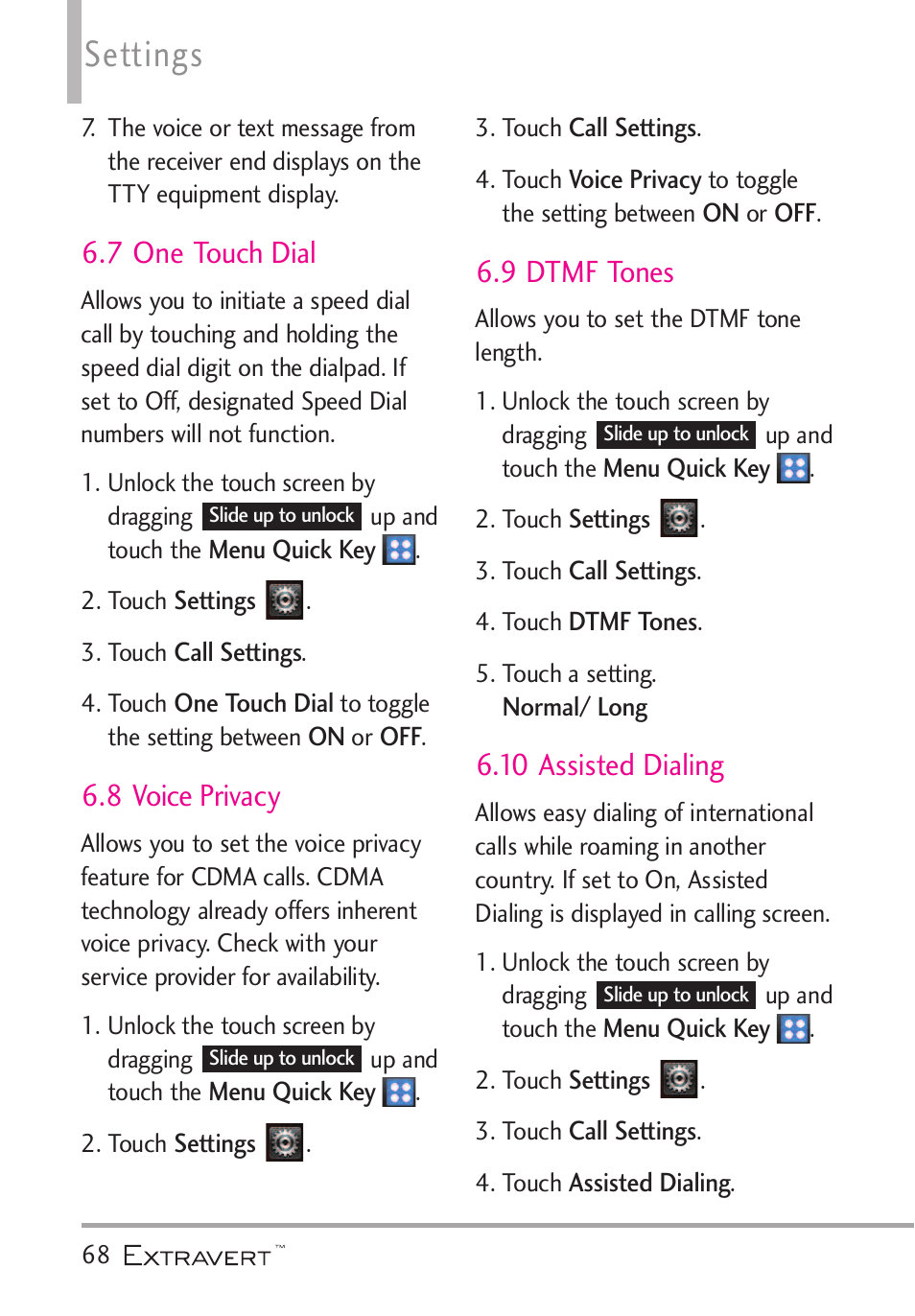 7 one touch dial, 8 voice privacy, 9 dtmf tones | 10 assisted dialing, Settings | LG VN271 User Manual | Page 70 / 270