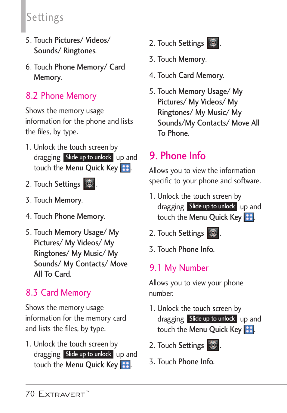 2 phone memory, 3 card memory, Phone info | 1 my number, Settings | LG VN271 User Manual | Page 72 / 270