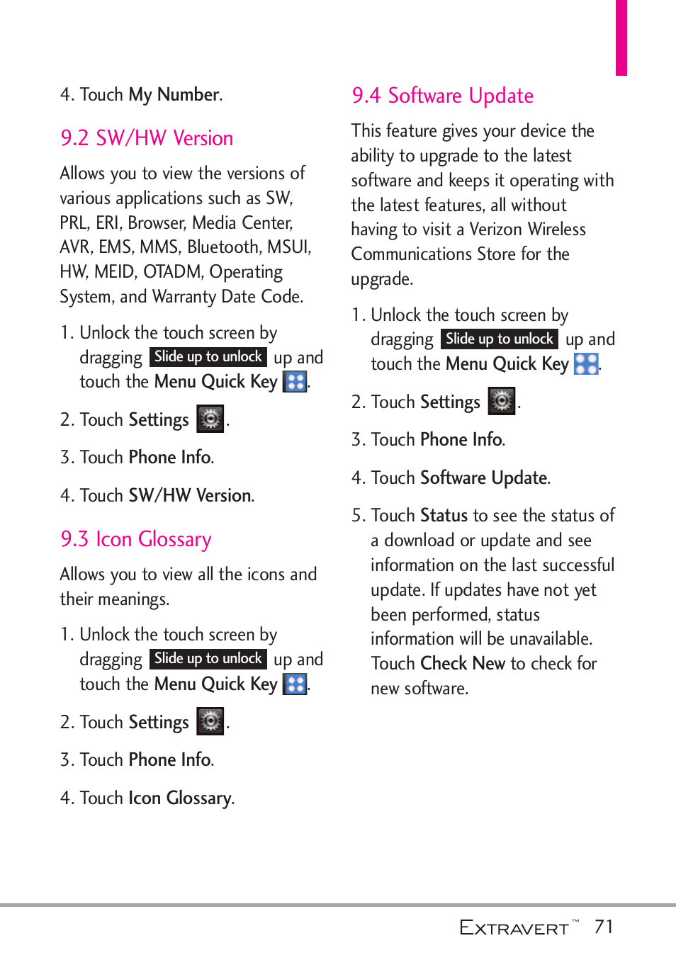 2 sw/hw version, 3 icon glossary, 4 software update | LG VN271 User Manual | Page 73 / 270