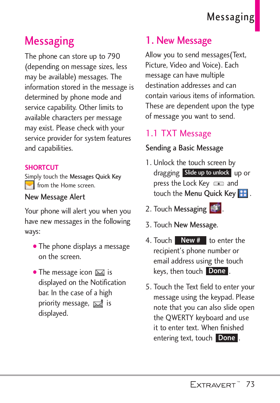 Messaging, New message, 1 txt message | LG VN271 User Manual | Page 75 / 270