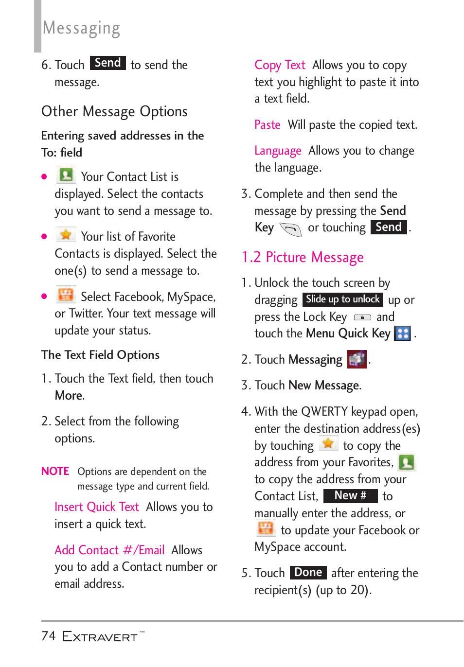 2 picture message, Messaging, Other message options | LG VN271 User Manual | Page 76 / 270