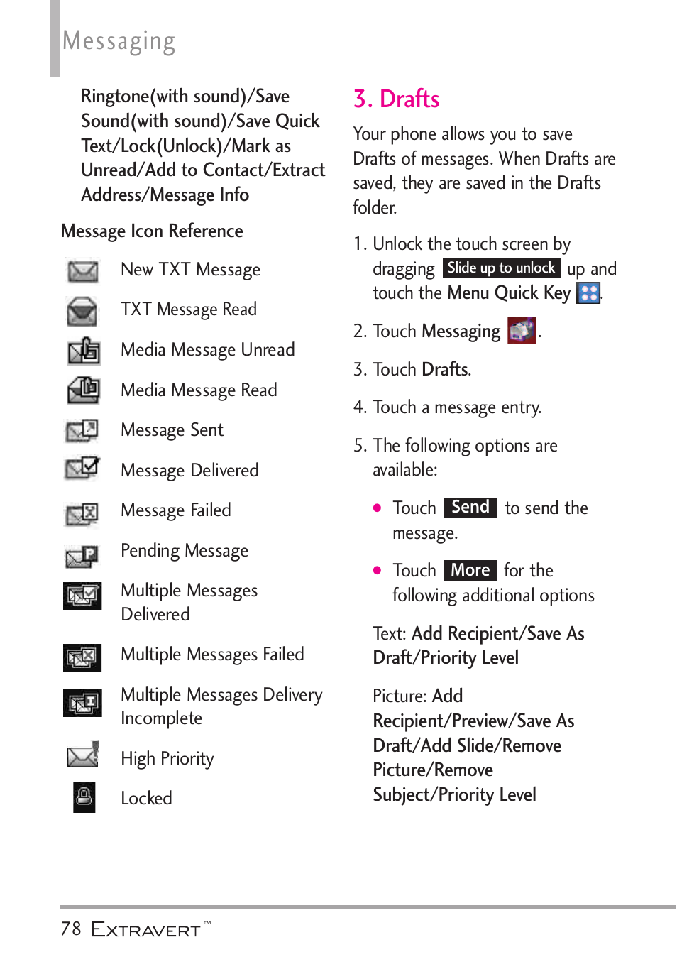 Drafts, Messaging | LG VN271 User Manual | Page 80 / 270