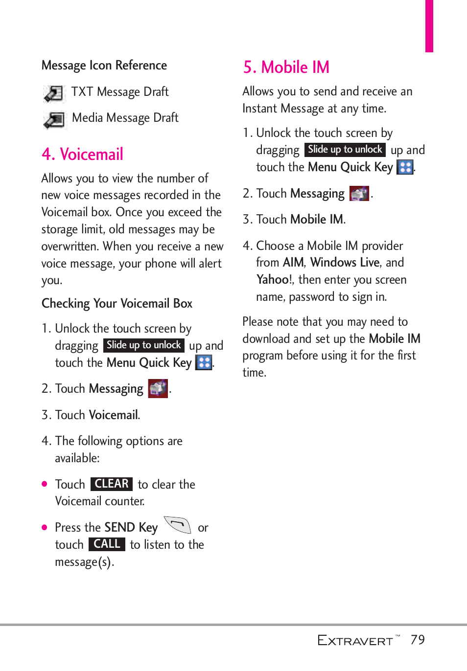 Voicemail, Mobile im, Voicemail 5. mobile im | LG VN271 User Manual | Page 81 / 270