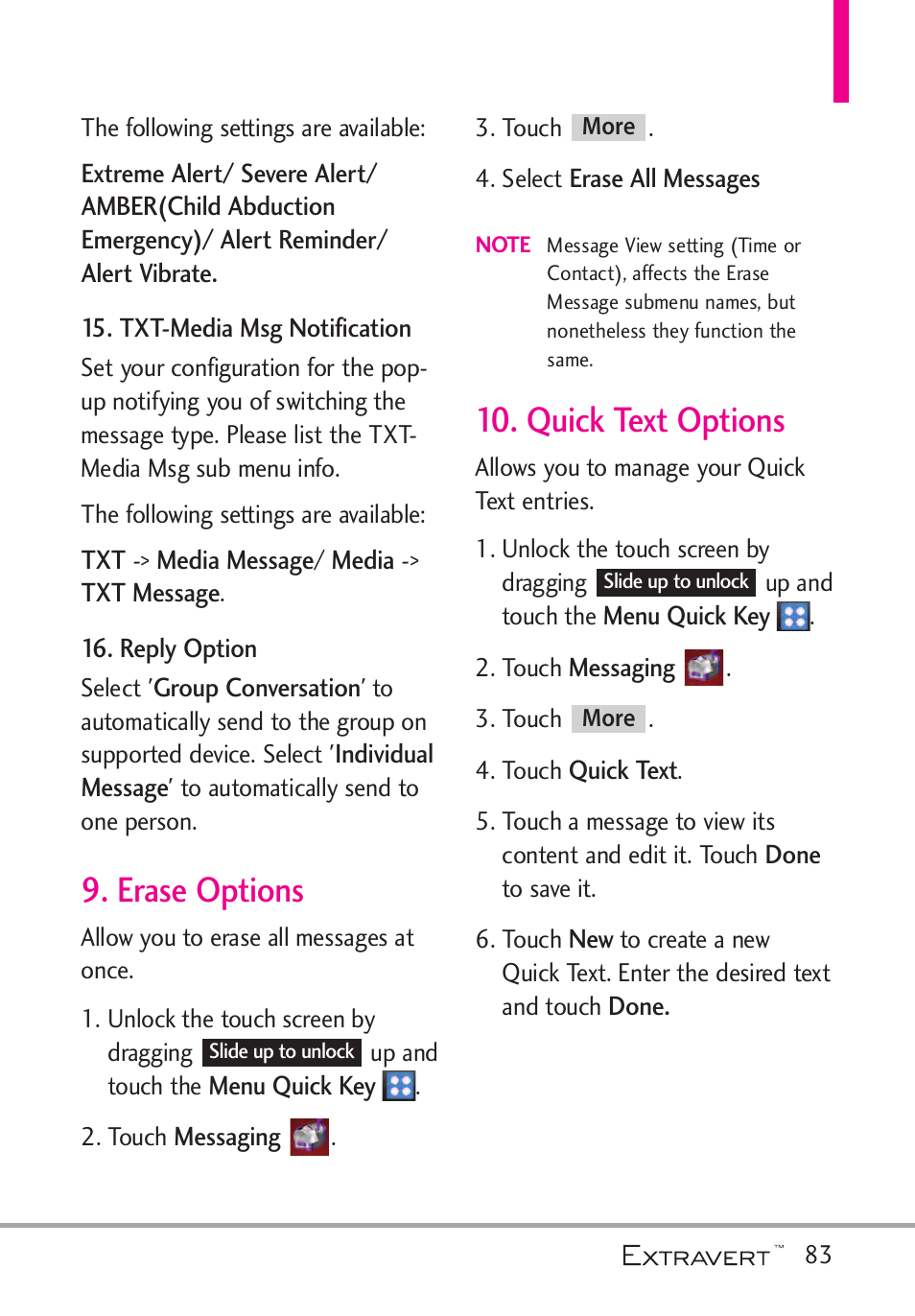 Erase options, Quick text options, Erase options 10. quick text options | LG VN271 User Manual | Page 85 / 270