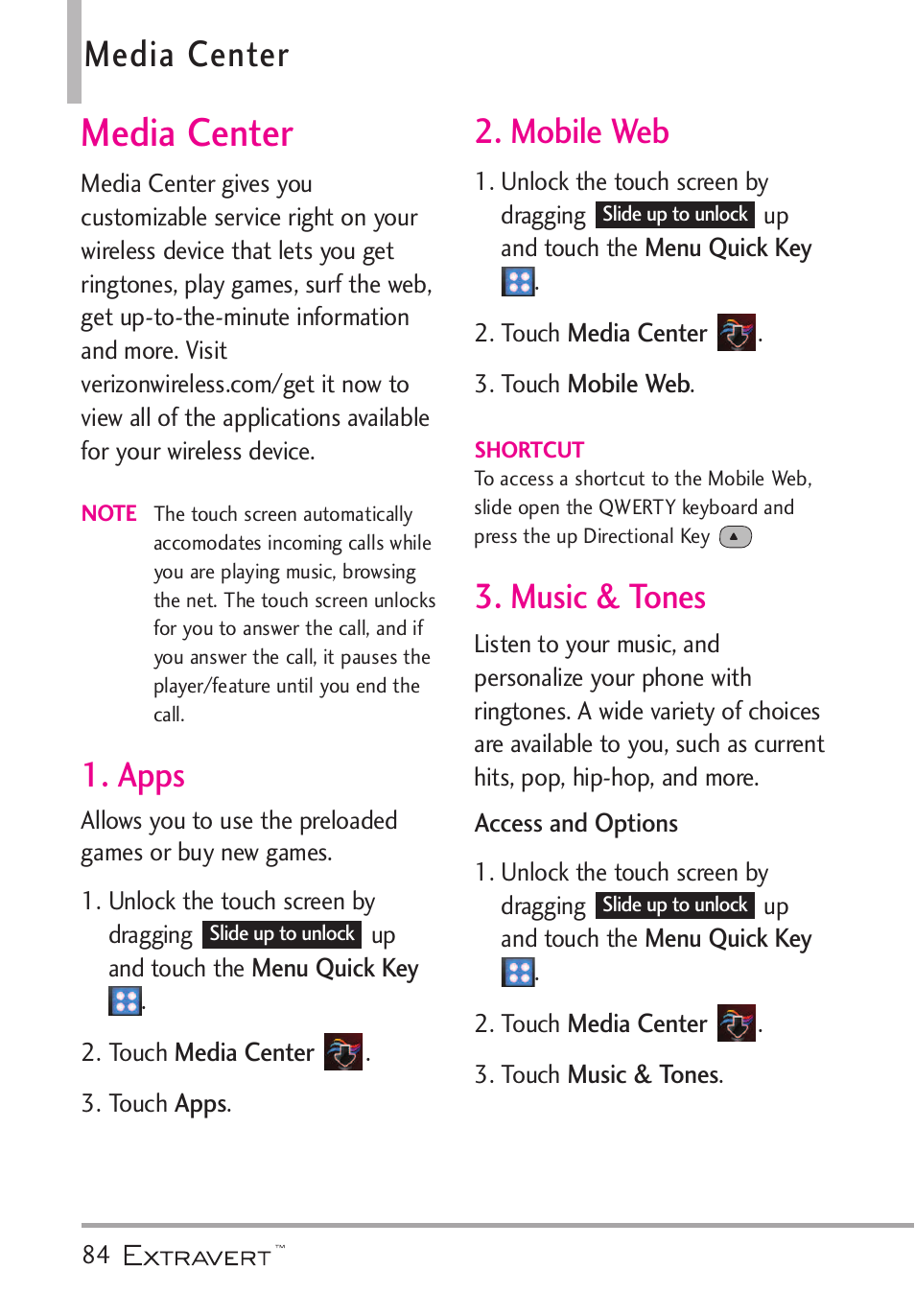 Media center, Apps, Mobile web | Music & tones, Apps 2. mobile web 3. music & tones | LG VN271 User Manual | Page 86 / 270