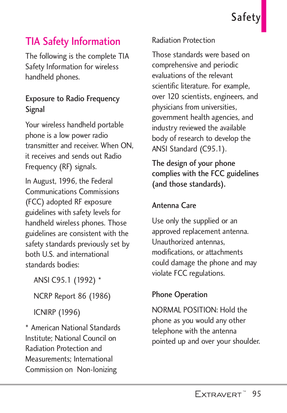 Safety, Tia safety information, Exposure to radio frequency | Antenna care, Phone operation, Signal antenna care phone operation | LG VN271 User Manual | Page 97 / 270