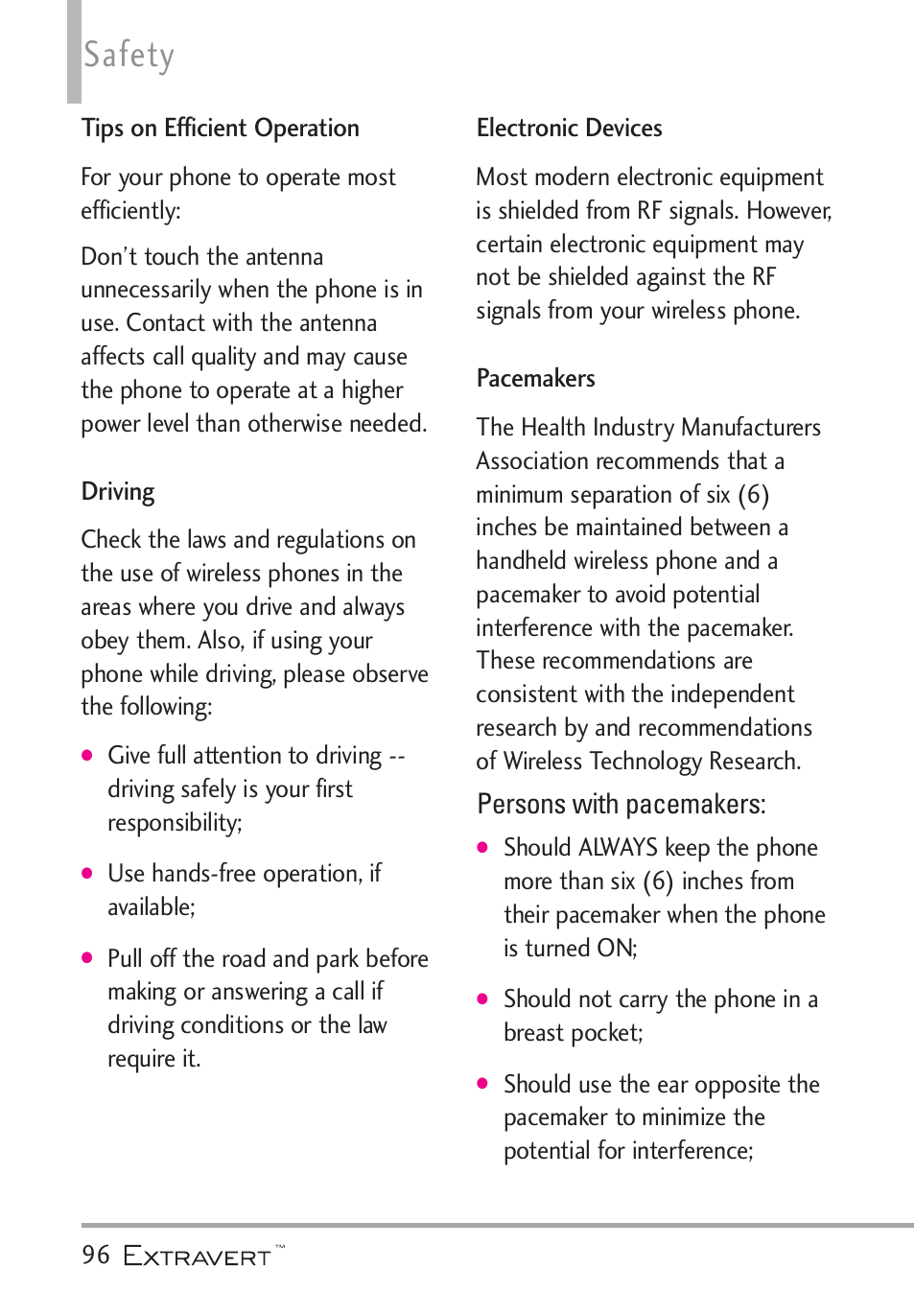 Tips on efficient operation, Driving, Electronic devices | Pacemakers, Tips on efficient operation driving, Electronic devices pacemakers, Safety, Persons with pacemakers | LG VN271 User Manual | Page 98 / 270