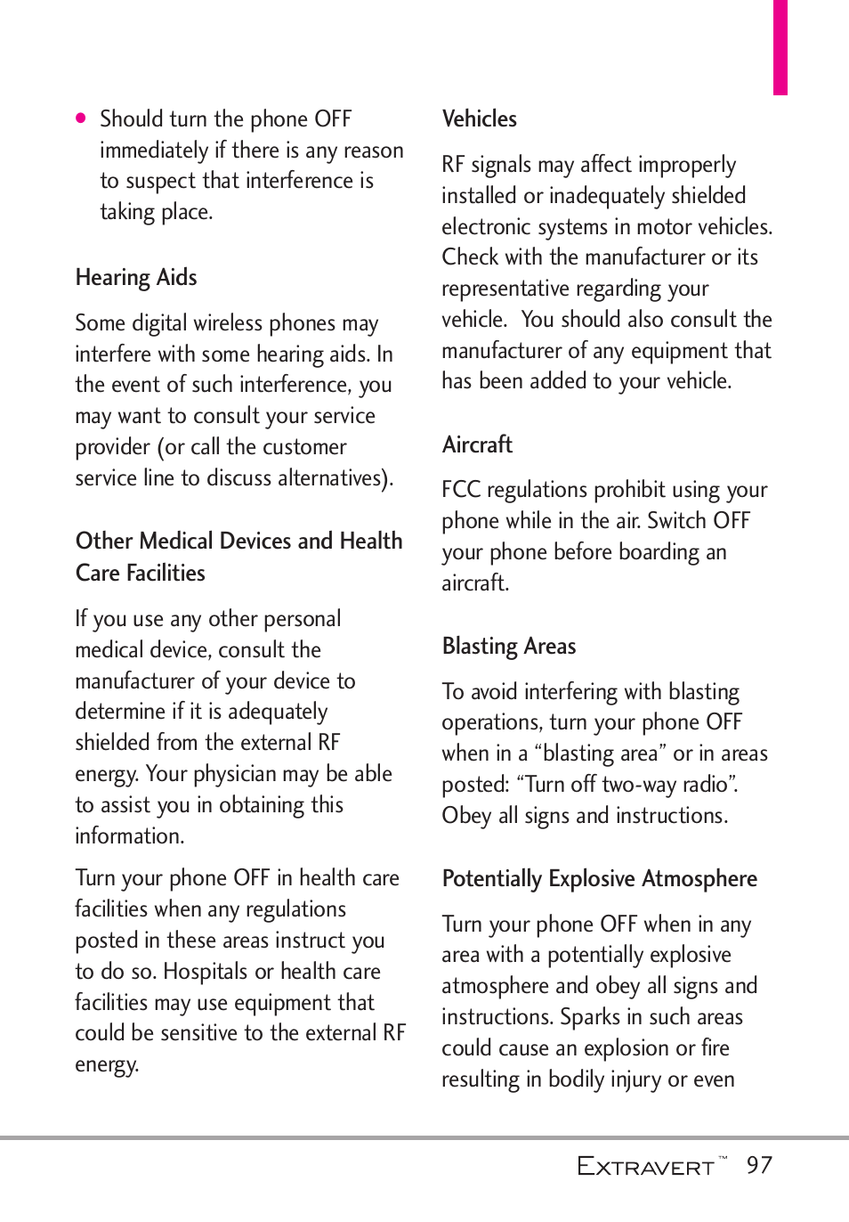 Hearing aids, Other medical devices and he, Vehicles | Aircraft, Blasting areas, Potentially explosive atmosp, Hearing aids other medical devices and health | LG VN271 User Manual | Page 99 / 270