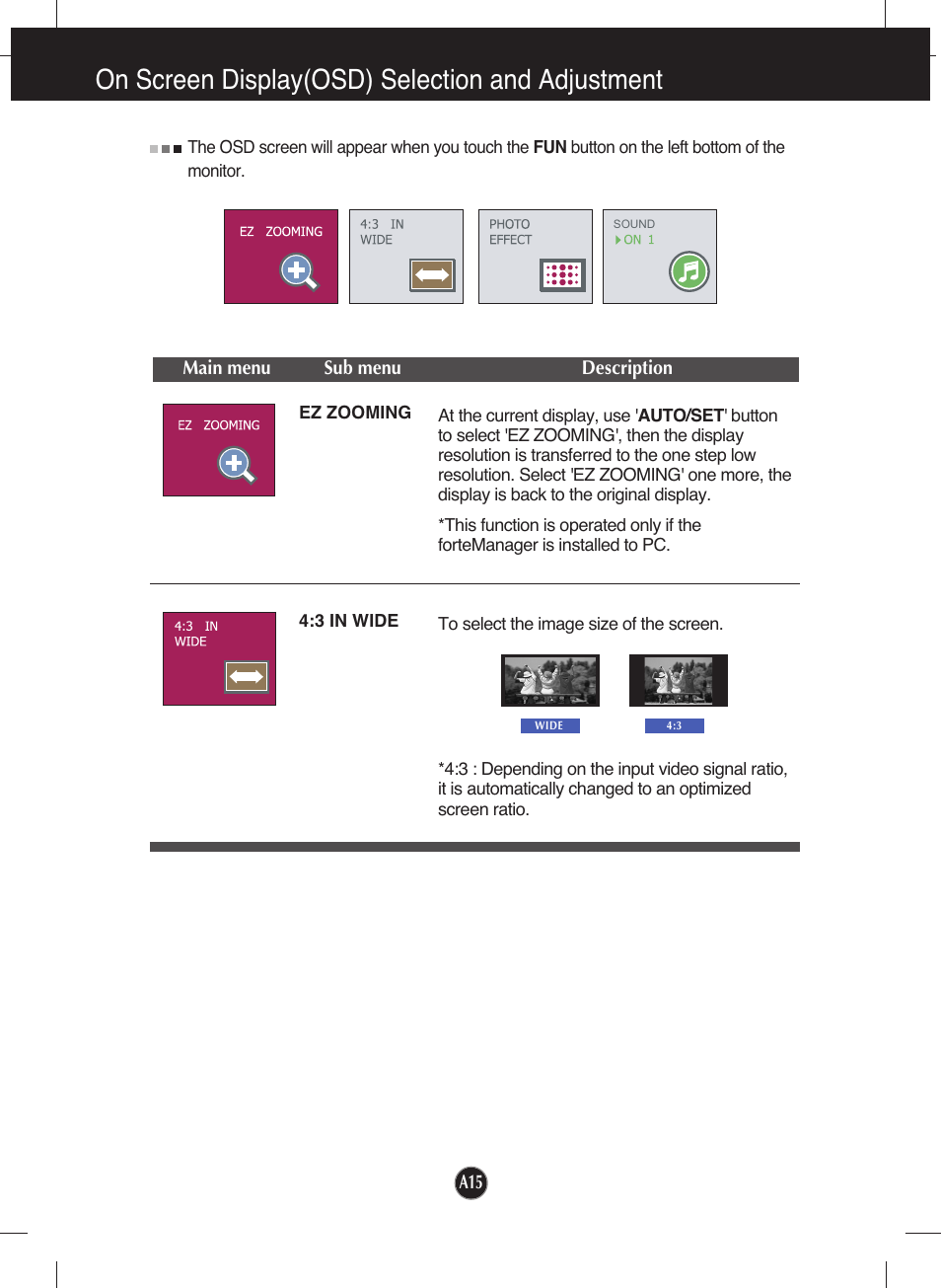 Ez zooming, 3 in wide, On screen display(osd) selection and adjustment | LG W2052TQ User Manual | Page 16 / 24