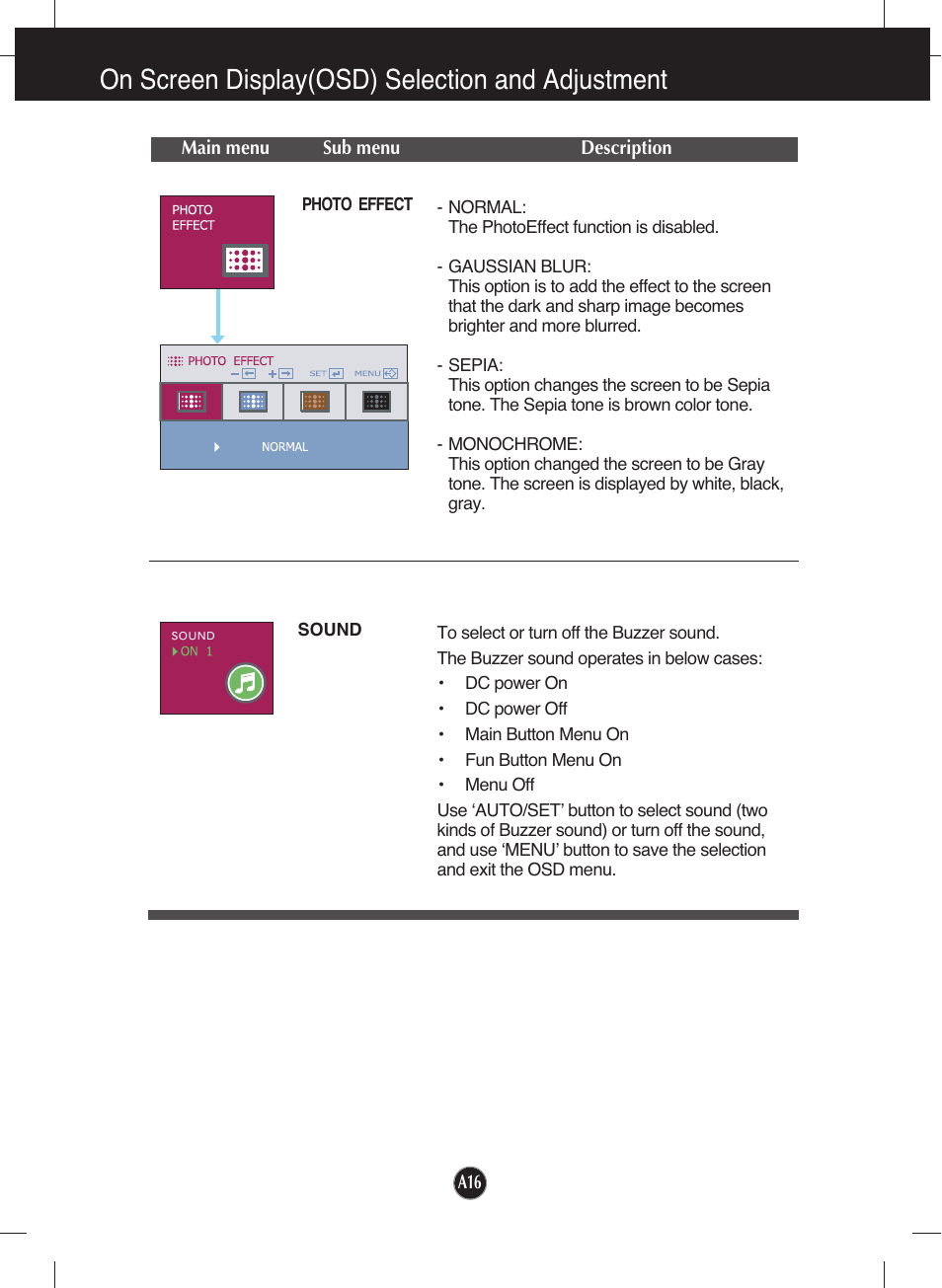 Photo effect, Sound, On screen display(osd) selection and adjustment | LG W2052TQ User Manual | Page 17 / 24