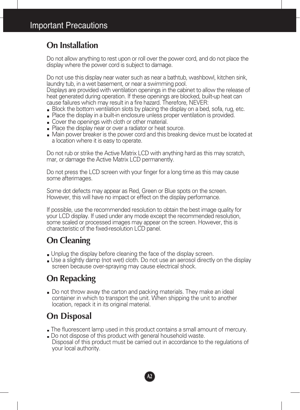 On installation, On cleaning, On repacking | On disposal, Important precautions on installation | LG W2052TQ User Manual | Page 3 / 24