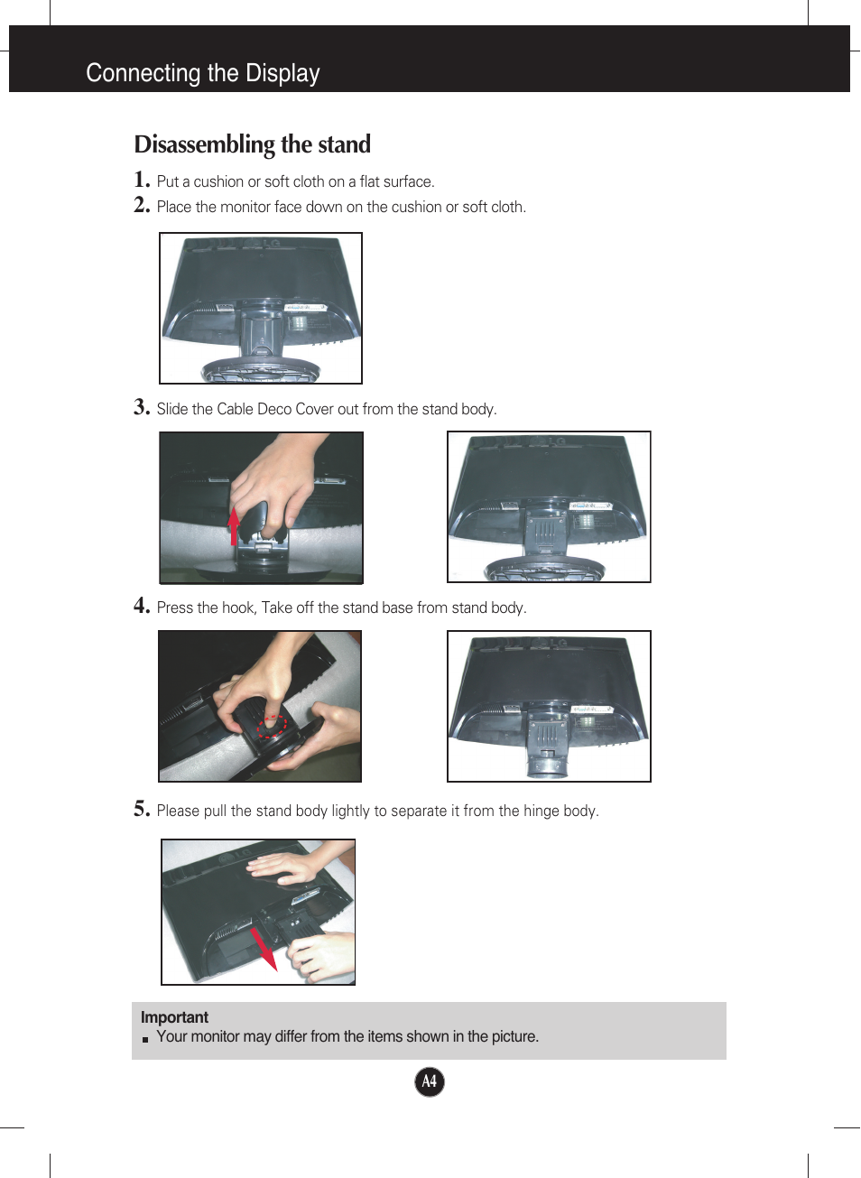 Disassembling the stand, Connecting the display disassembling the stand | LG W2052TQ User Manual | Page 5 / 24