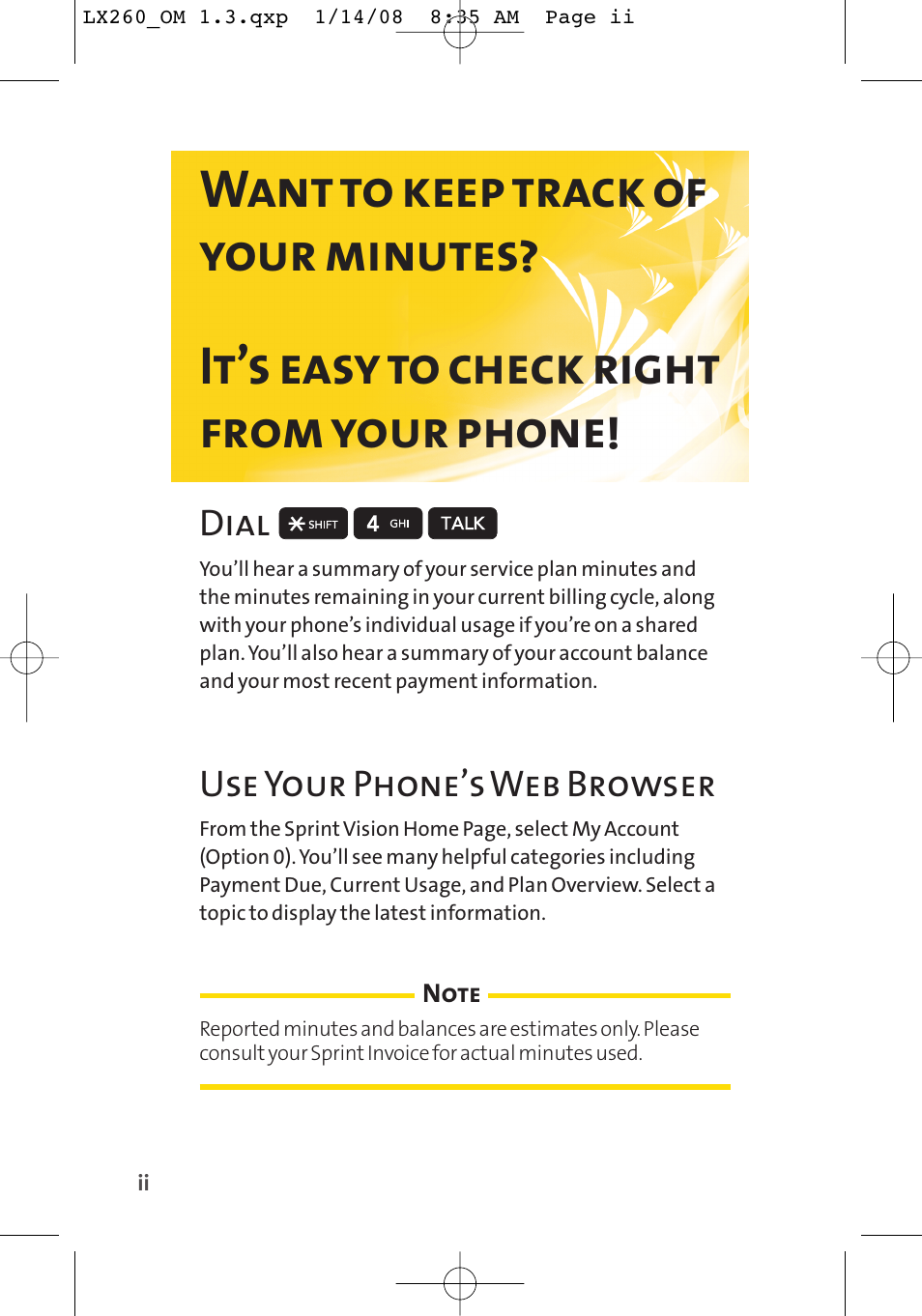 Dial, Use your phone’s web browser | LG LGLX260 User Manual | Page 10 / 220