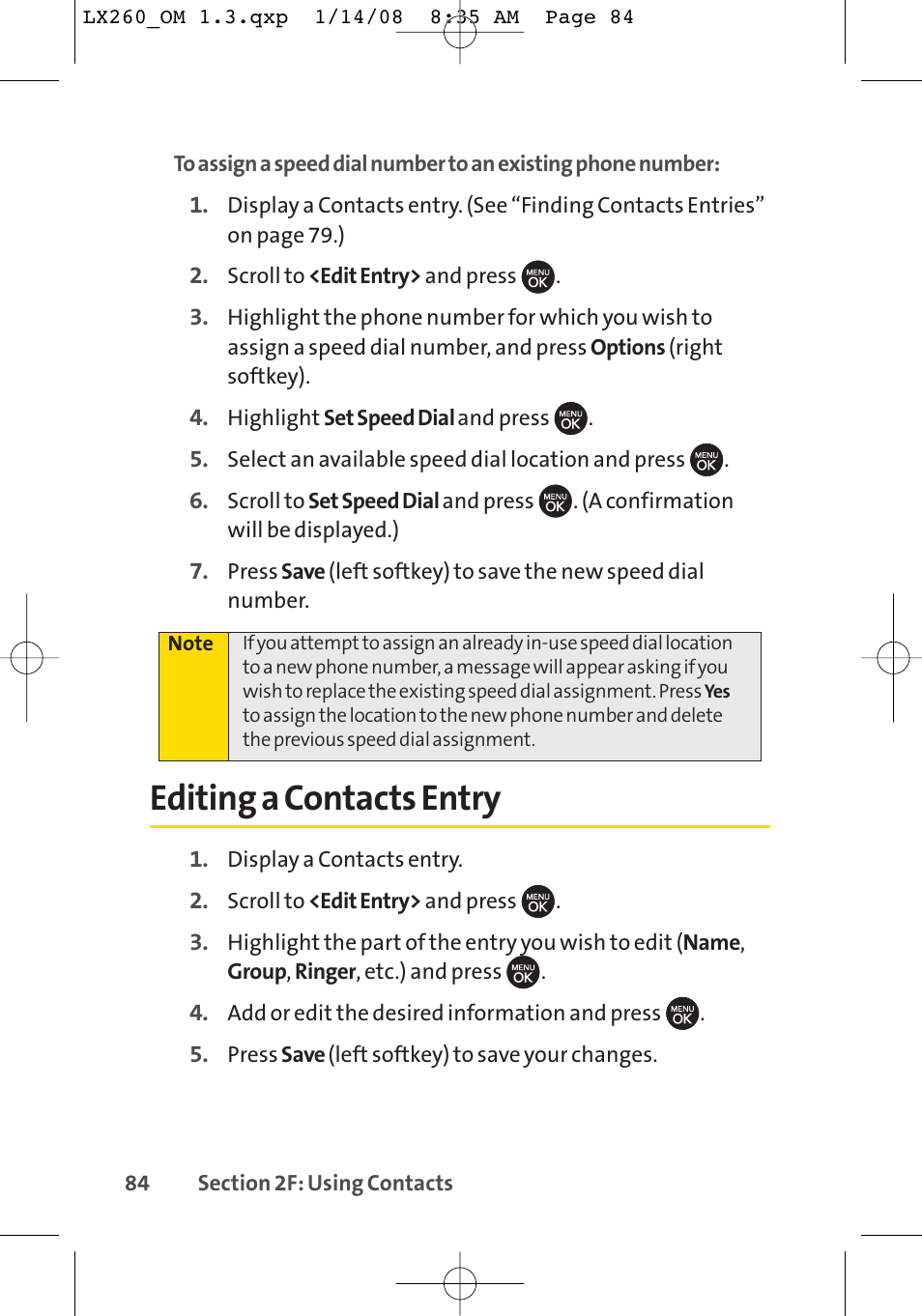 Editing a contacts entry | LG LGLX260 User Manual | Page 102 / 220