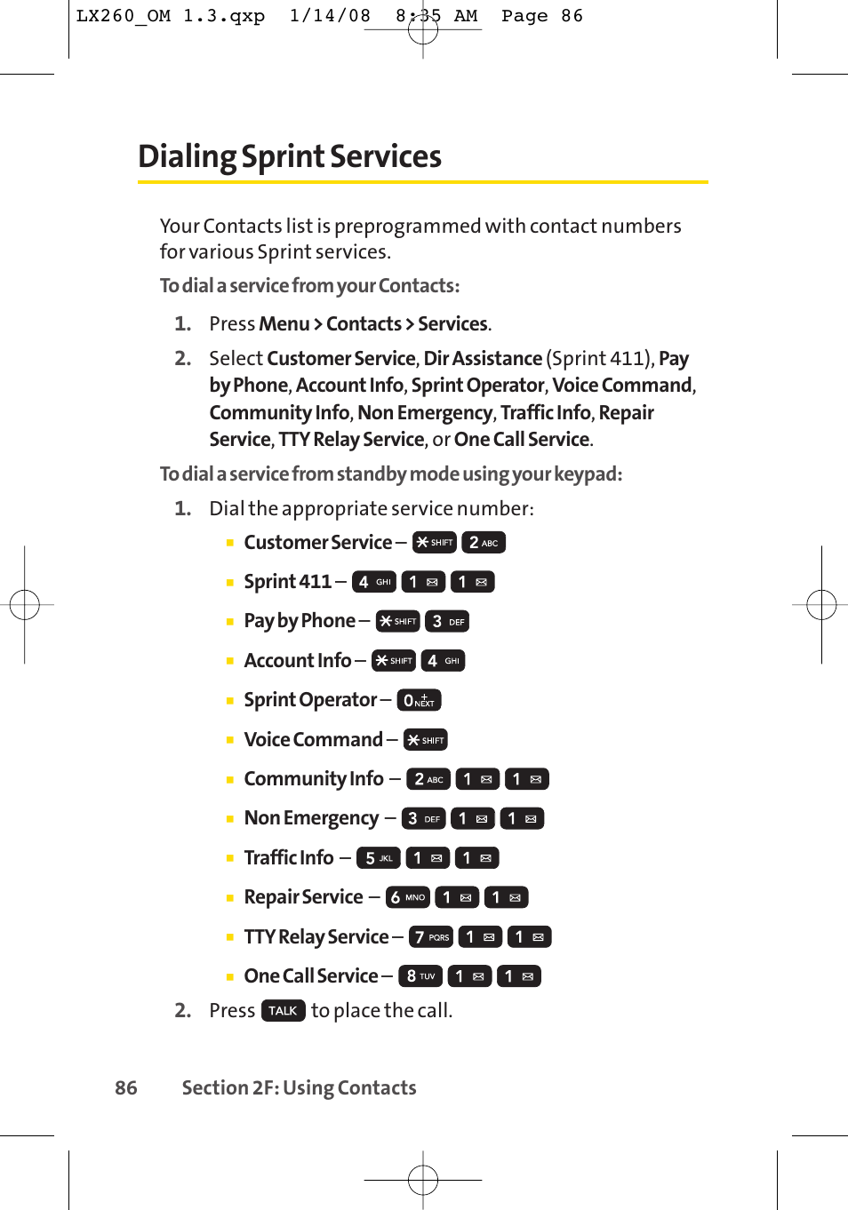 Dialing sprint services | LG LGLX260 User Manual | Page 104 / 220