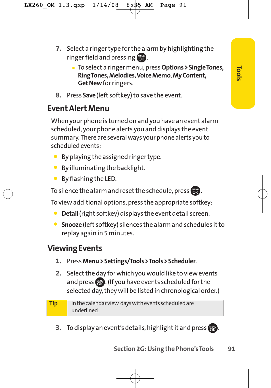 Event alert menu, Viewing events | LG LGLX260 User Manual | Page 109 / 220