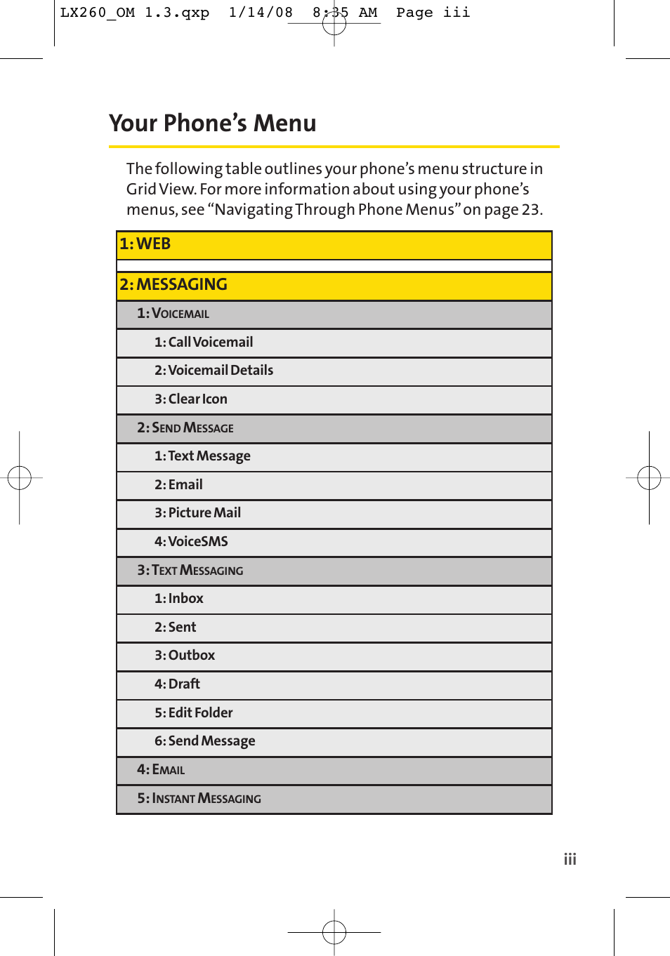 Your phone’s menu, Web 2: messaging | LG LGLX260 User Manual | Page 11 / 220