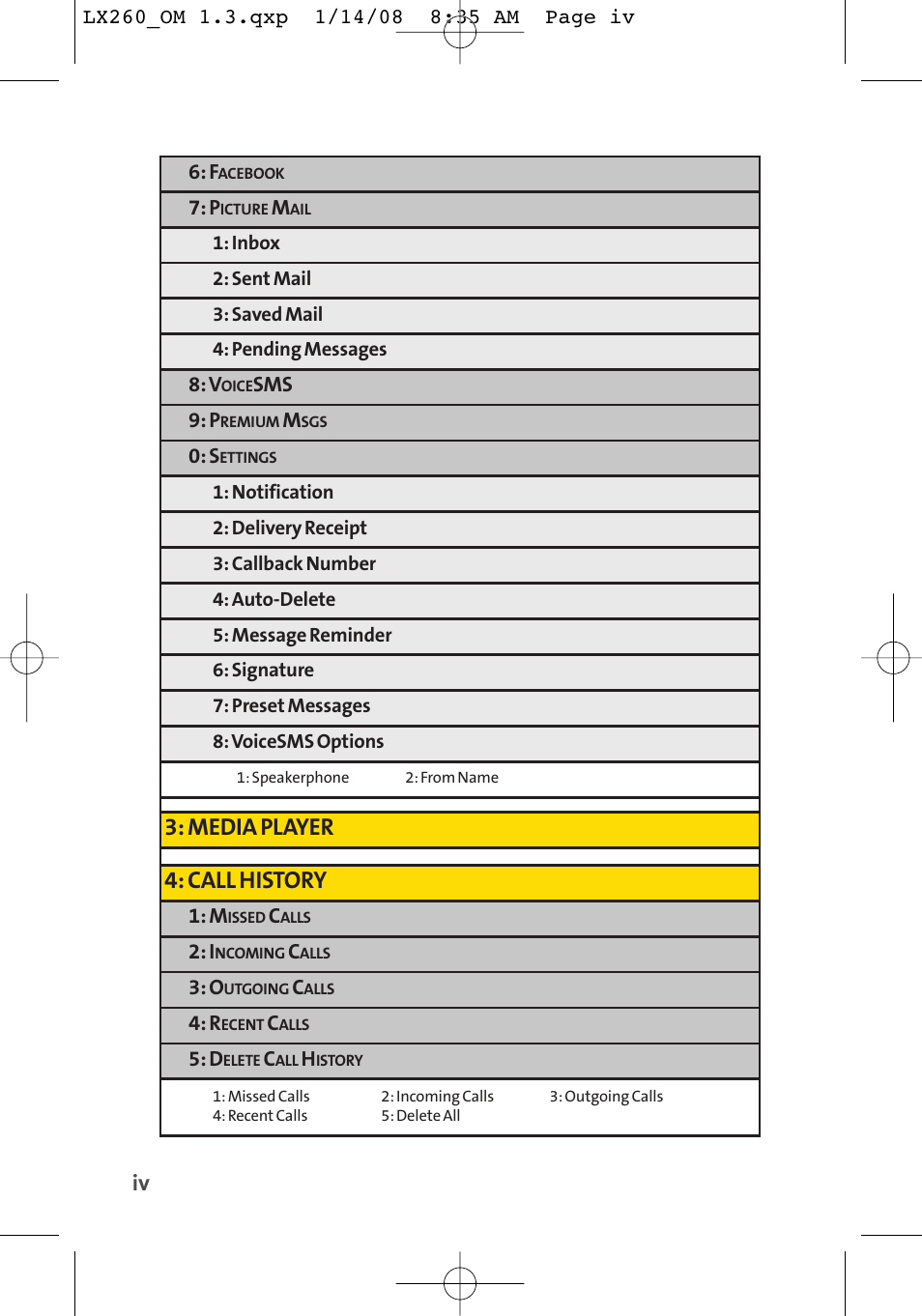 Media player 4: call history | LG LGLX260 User Manual | Page 12 / 220