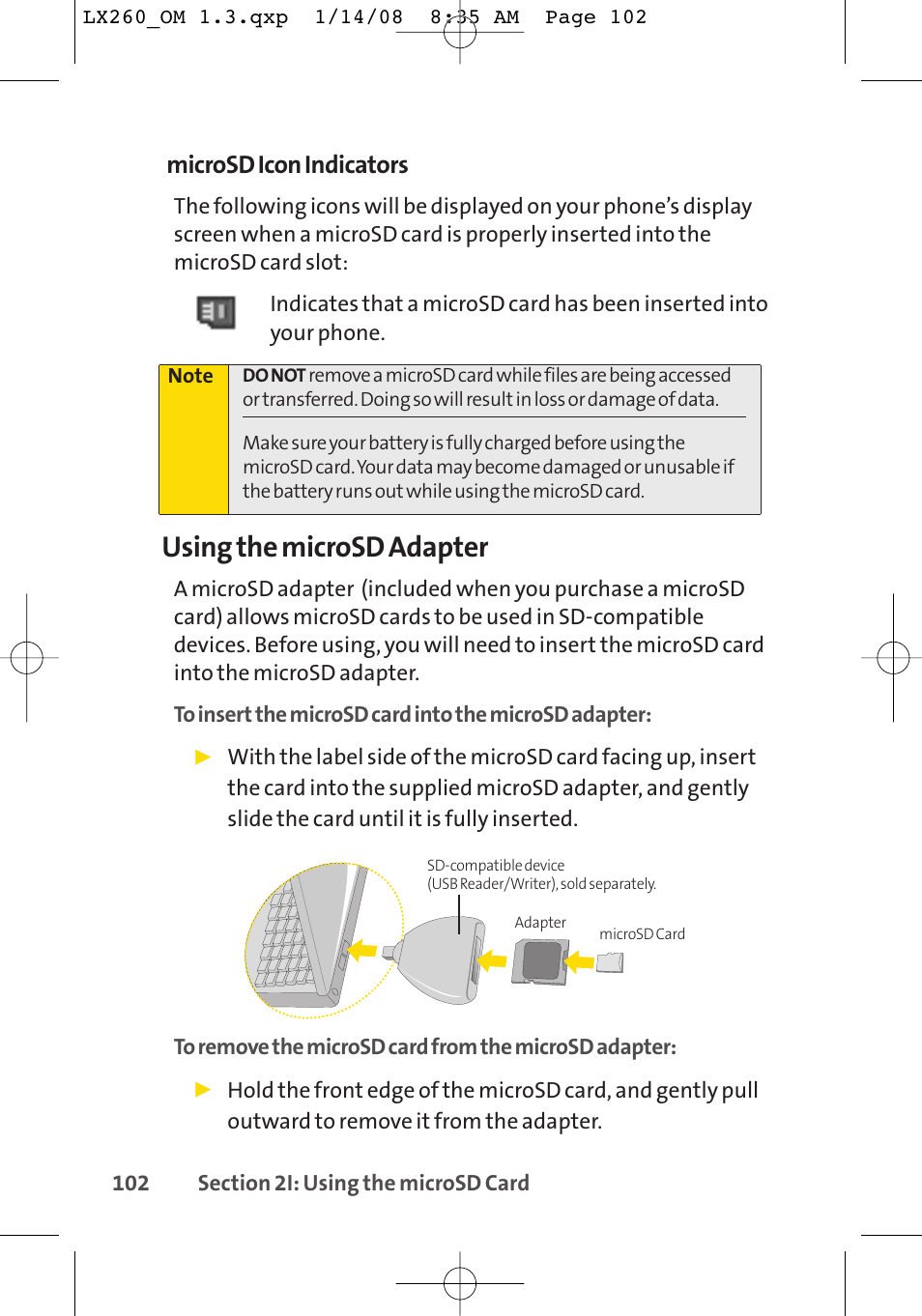 Using the microsd adapter, Microsd icon indicators | LG LGLX260 User Manual | Page 120 / 220