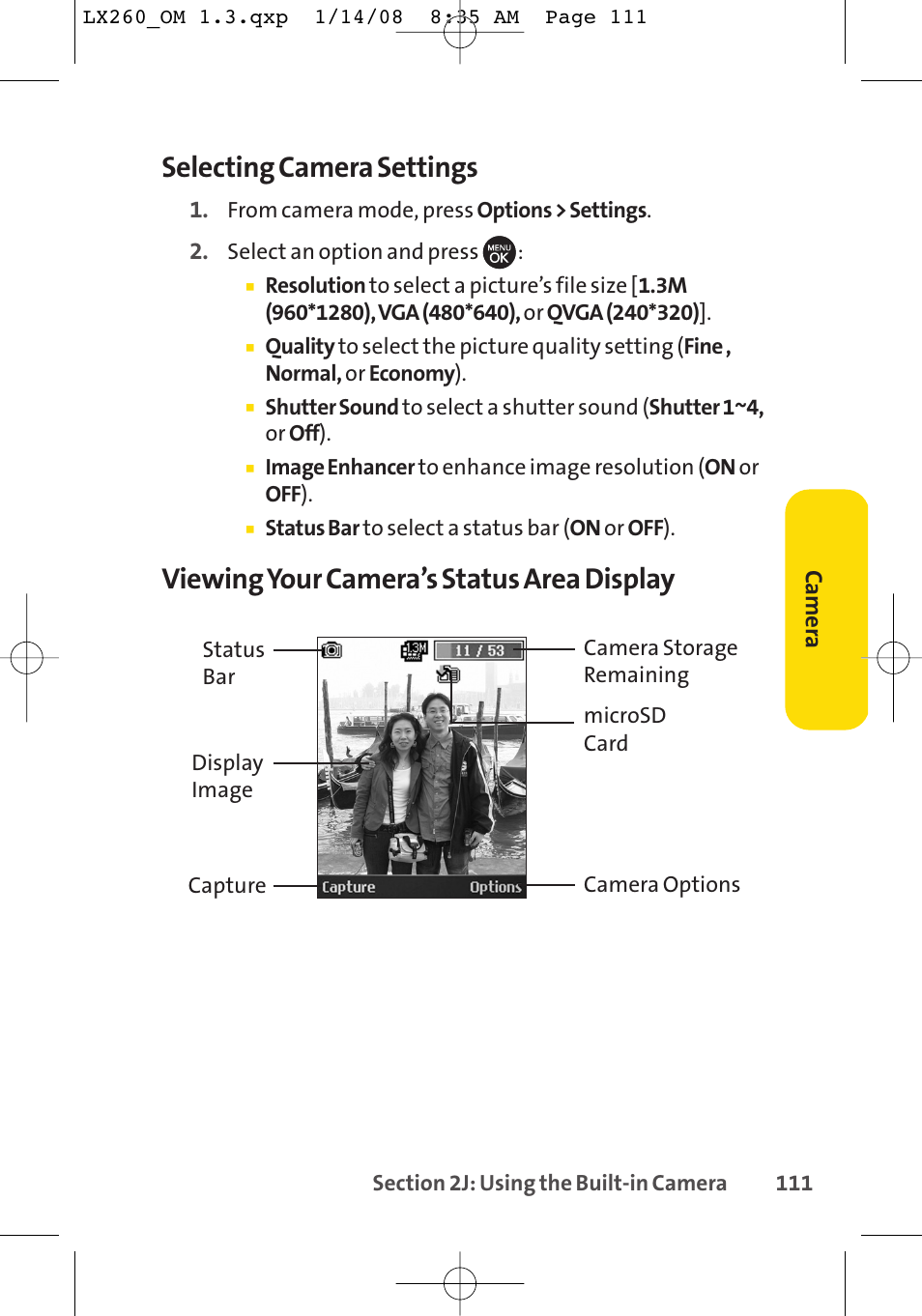 Selecting camera settings, Viewing your camera’s status area display | LG LGLX260 User Manual | Page 129 / 220