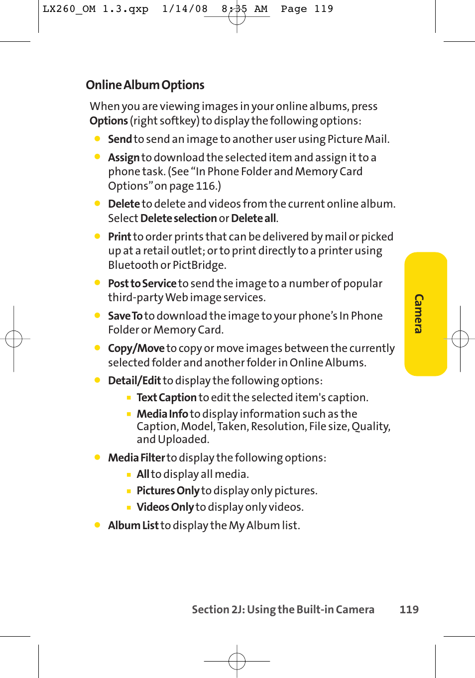 Online album options, Ca mer a | LG LGLX260 User Manual | Page 137 / 220
