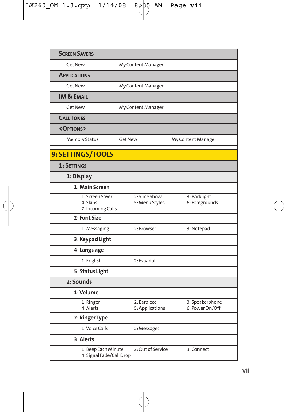 Settings/tools, Im & e | LG LGLX260 User Manual | Page 15 / 220