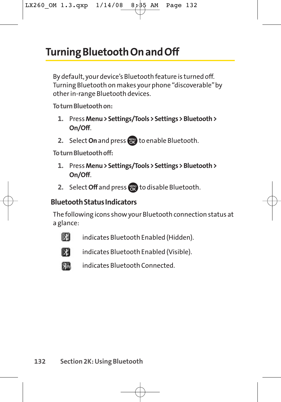 Turning bluetooth on and off | LG LGLX260 User Manual | Page 150 / 220