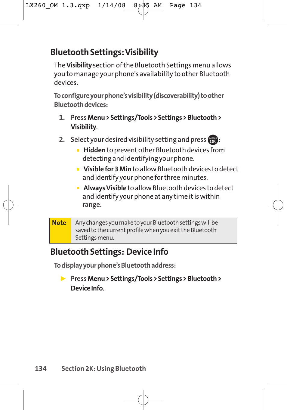 Bluetooth settings: visibility, Bluetooth settings: device info | LG LGLX260 User Manual | Page 152 / 220