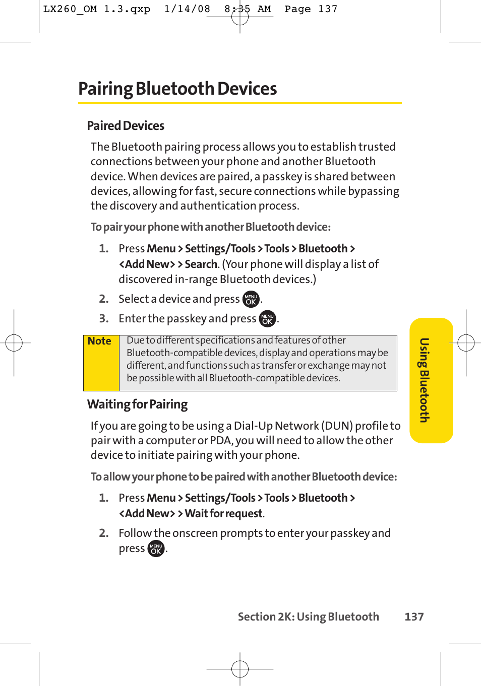 Pairing bluetooth devices | LG LGLX260 User Manual | Page 155 / 220