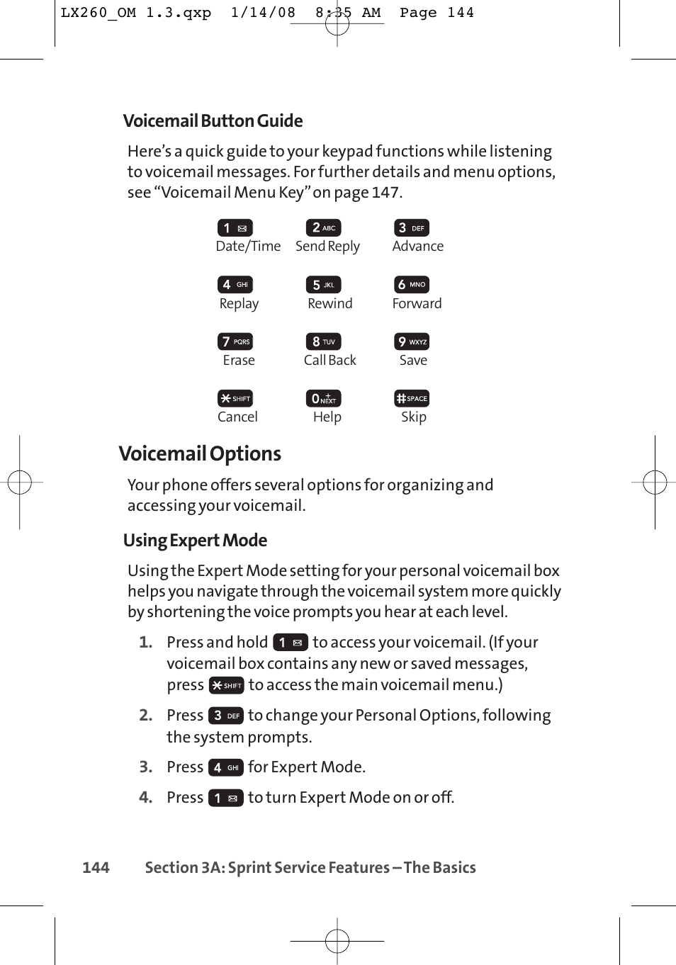 Voicemail options, Voicemail button guide, Using expert mode | LG LGLX260 User Manual | Page 162 / 220