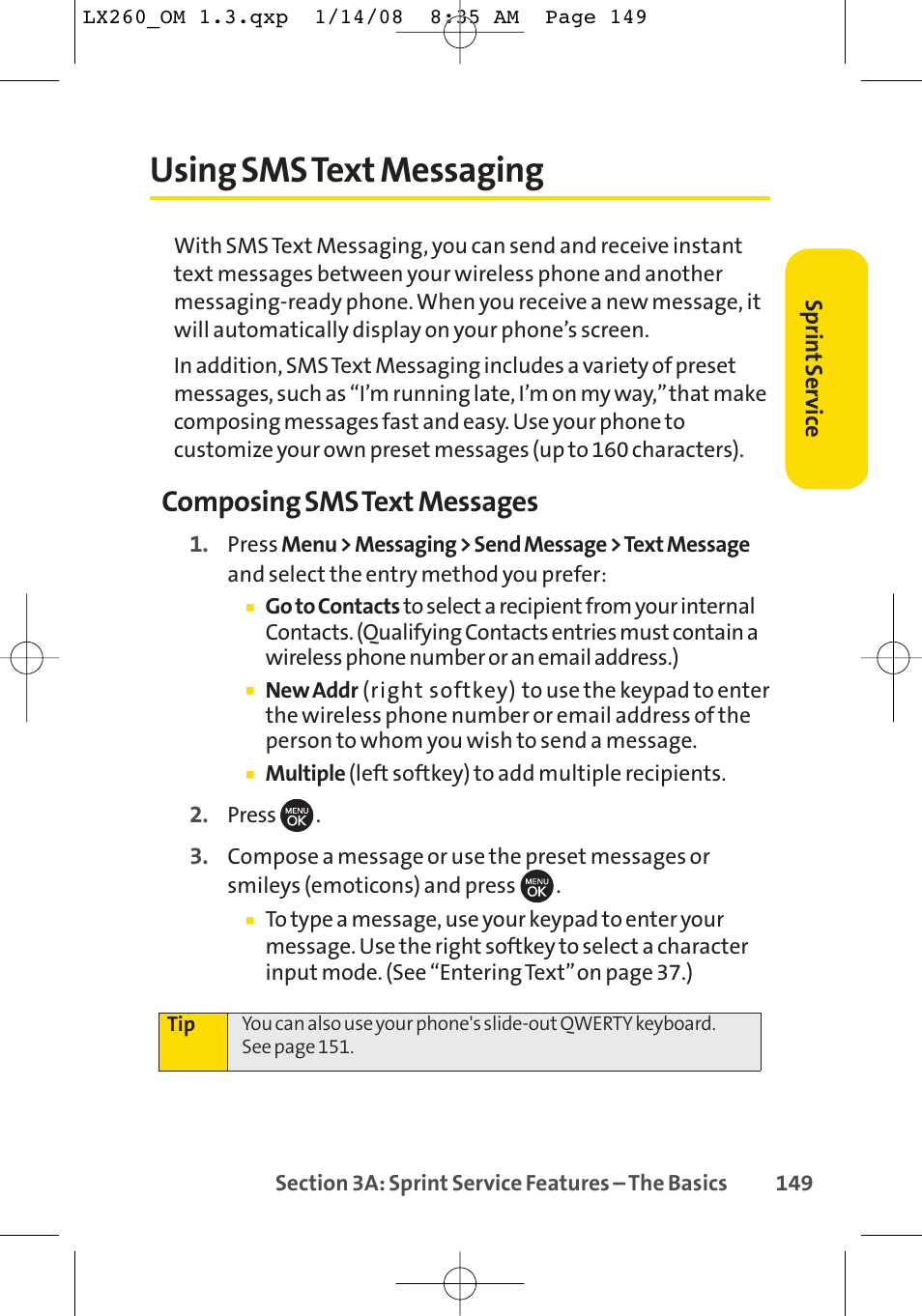 Using sms text messaging, Composing sms text messages | LG LGLX260 User Manual | Page 167 / 220