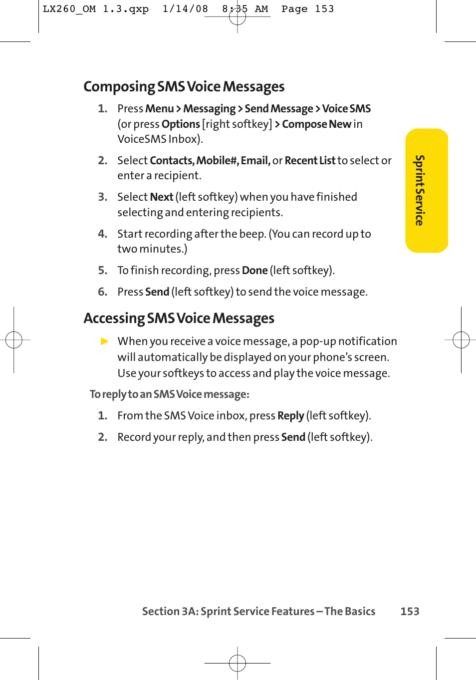 Composing sms voice messages, Accessing sms voice messages | LG LGLX260 User Manual | Page 171 / 220