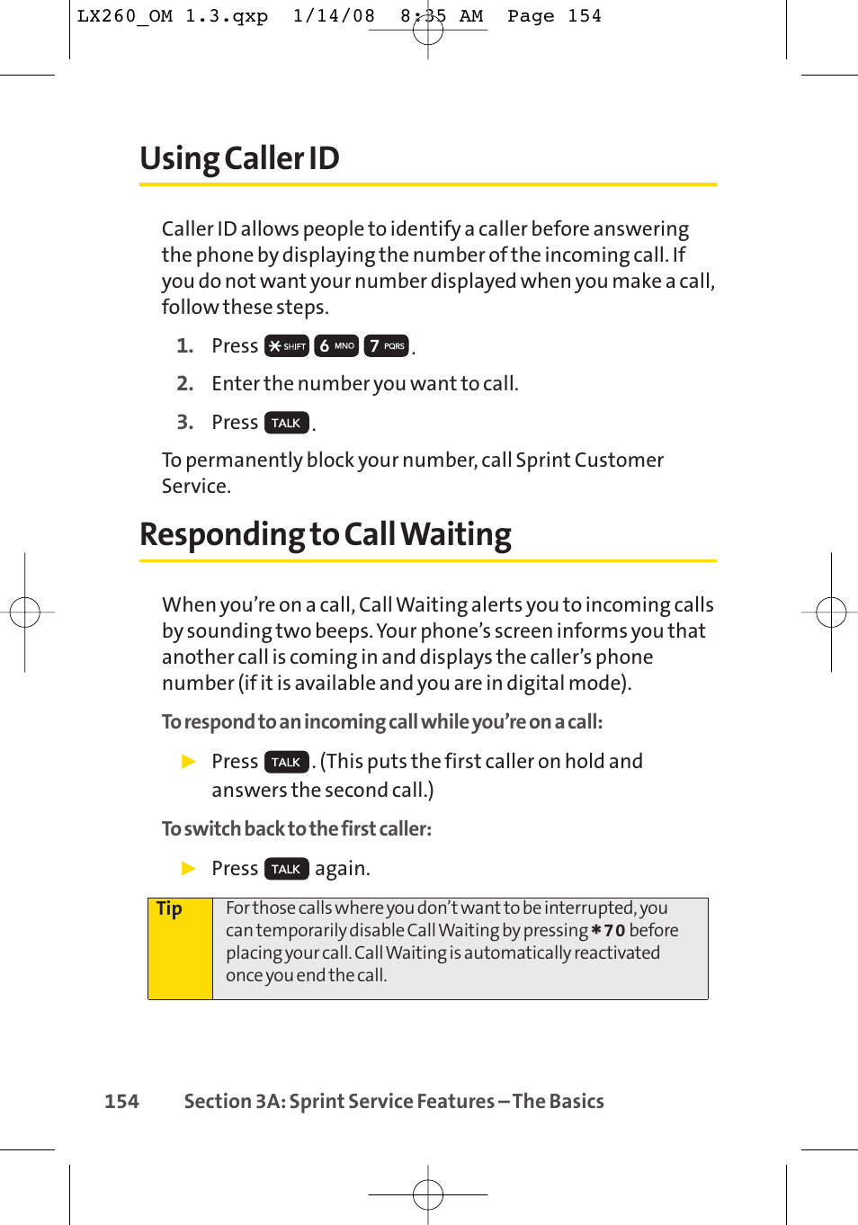 Using caller id, Responding to call waiting | LG LGLX260 User Manual | Page 172 / 220