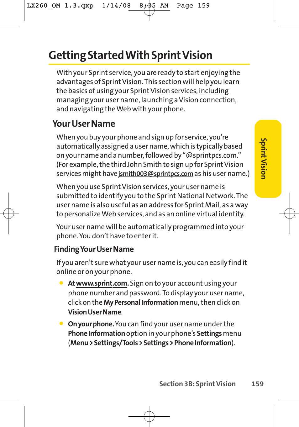Getting startedwith sprint vision, Your user name | LG LGLX260 User Manual | Page 177 / 220